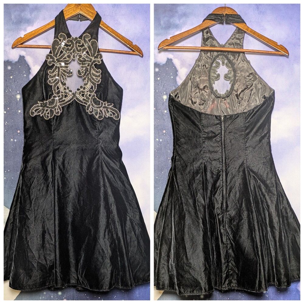 Vintage Black Velvet Beaded Halter Dress Goth Glam Party Cocktail XS Zum Zum 90s - Picture 3 of 13